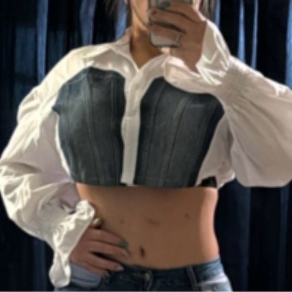 Shirt White Denim Crop Top Woman’s Comfort - Picture 8 of 13